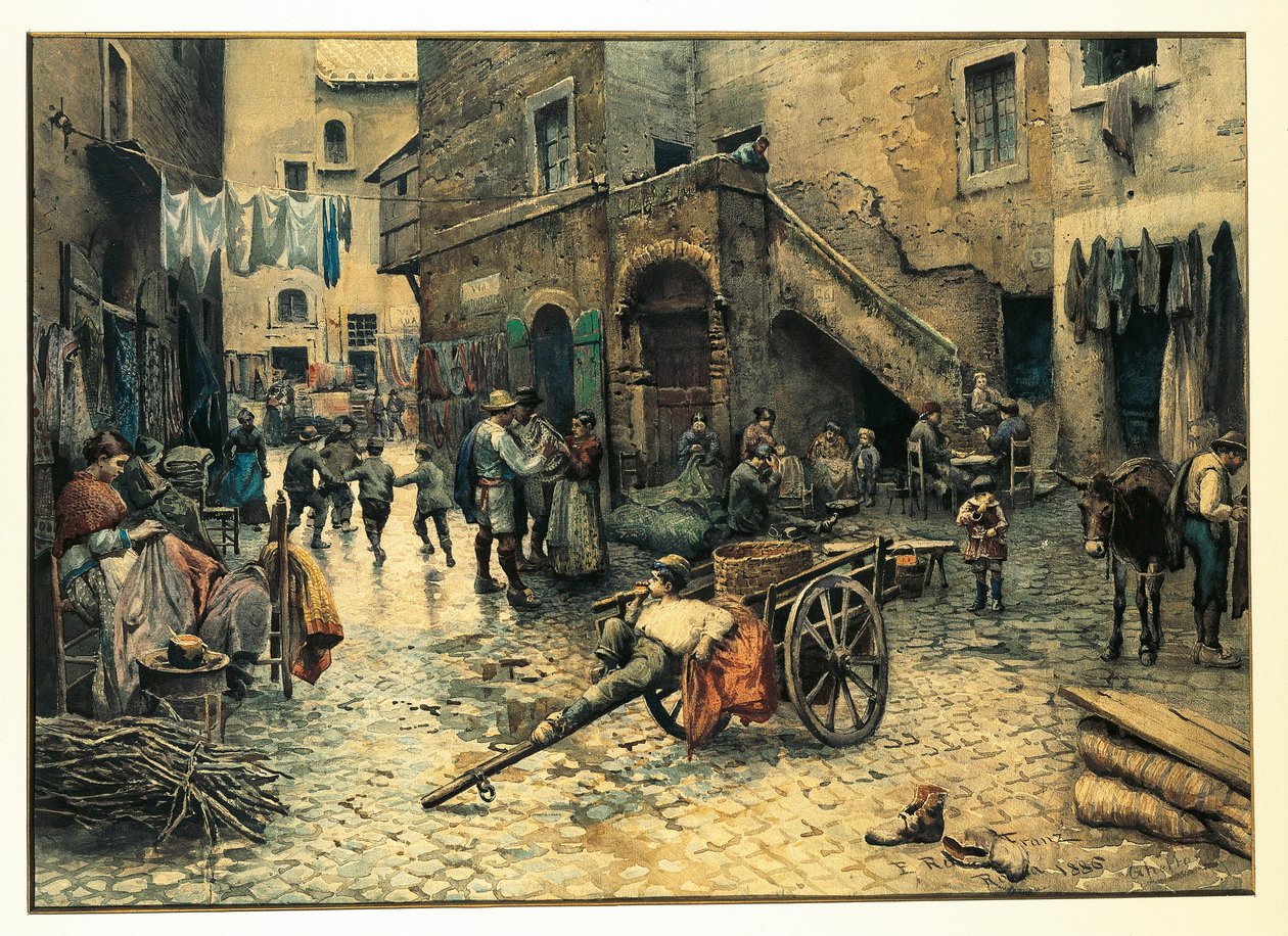 إيطاليا ، روما ، حياة الشوارع في طريق كابوتشيوتو في الغيتو (اليهودي) في روما ، رسم إيتوري روسلر فرانز ، ألوان مائية بواسطة إيتوري روزلر فرانز