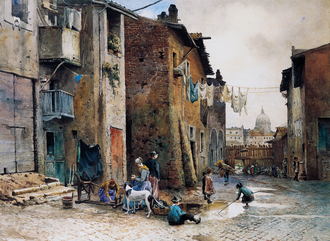 منازل العصور الوسطى في Via della Lungaretta في روما ، بواسطة Ettore Roesler Franz (1845-1907) ، ألوان مائية ، إيطاليا بواسطة إيتوري روزلر فرانز