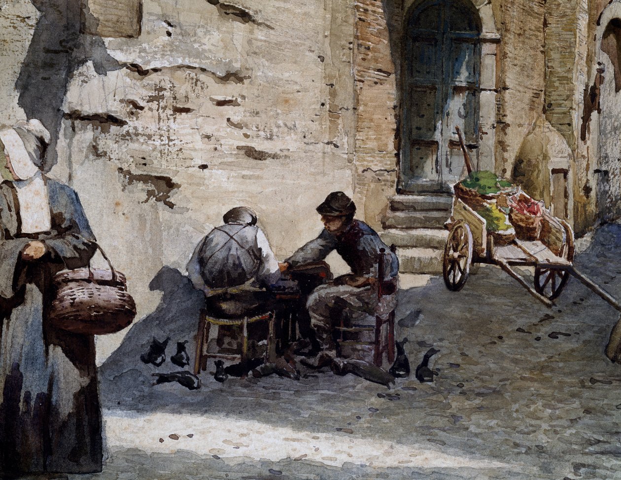 منازل العصور الوسطى القديمة في Lungaretta بواسطة Ettore Roesler Franz (1845-1907) ، ألوان مائية من سلسلة Vanished Rome ، التفاصيل ، إيطاليا بواسطة إيتوري روزلر فرانز