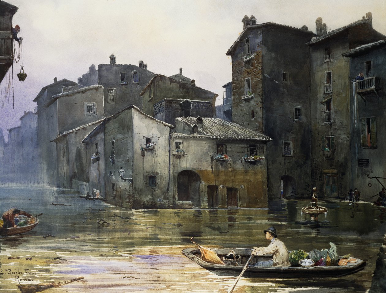 عبر ديلا فيومارا غمرت المياه في روما ، بواسطة إيتوري روسلر فرانز (1845-1907) ، ألوان مائية ، إيطاليا بواسطة إيتوري روزلر فرانز