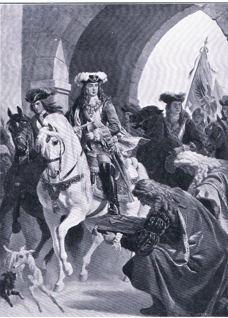 النمساويون يدخلون بلغراد ، رسم توضيحي من معالم في التاريخ الأوروبي نشرته شركة Gresham Publishing Co ، حوالي عام 1920 (litho) بواسطة يوجين فون بلاس