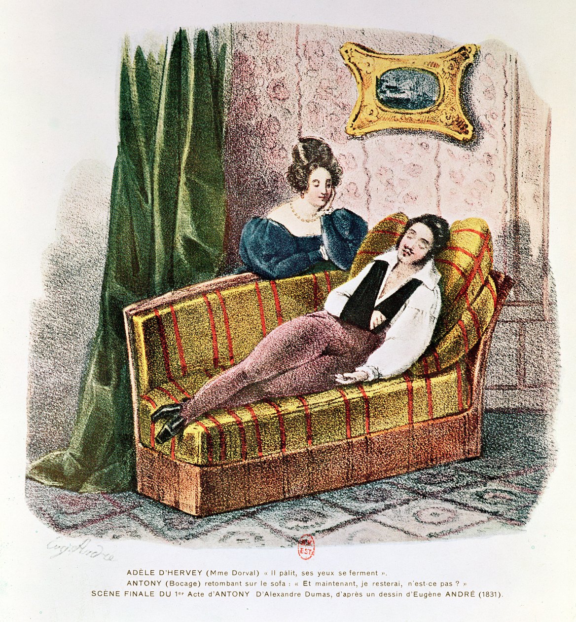 ماري دورفال (1798-1849) في دور Adele d&39;Hervey and Bocage (1797-1863) مثل أنتوني ، في المشهد الأخير من القانون الأول من "أنتوني" بواسطة ألكسندر دوماس بير (1802-70) 1831 بواسطة يوجين أندريه