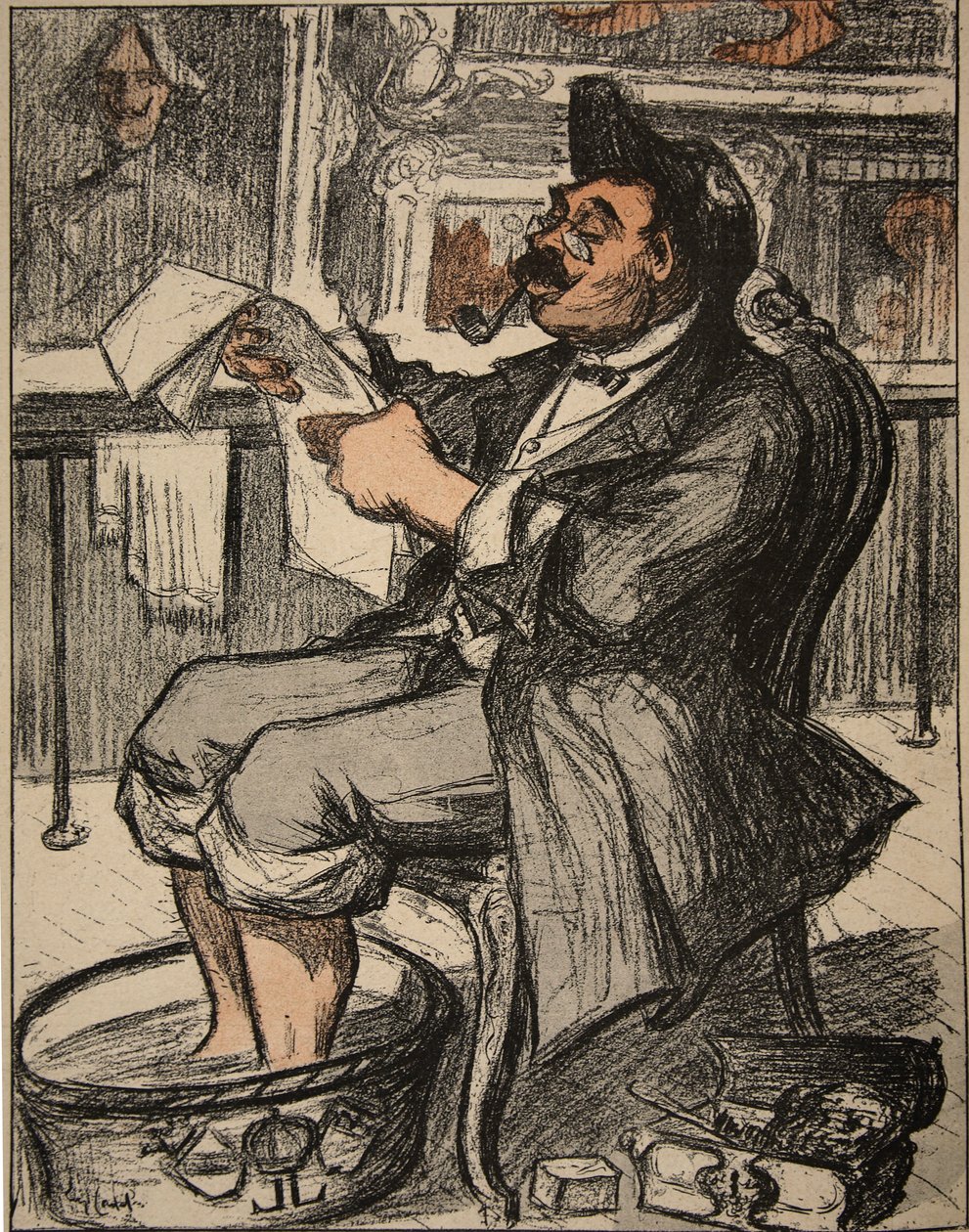 مسؤول حكومي يقرأ صحيفته مع حمام قدم ، رسم توضيحي من "Laassette au Beurre: Les Fonctionnaires" ، 9 أغسطس 1902 بواسطة يوجين كادل