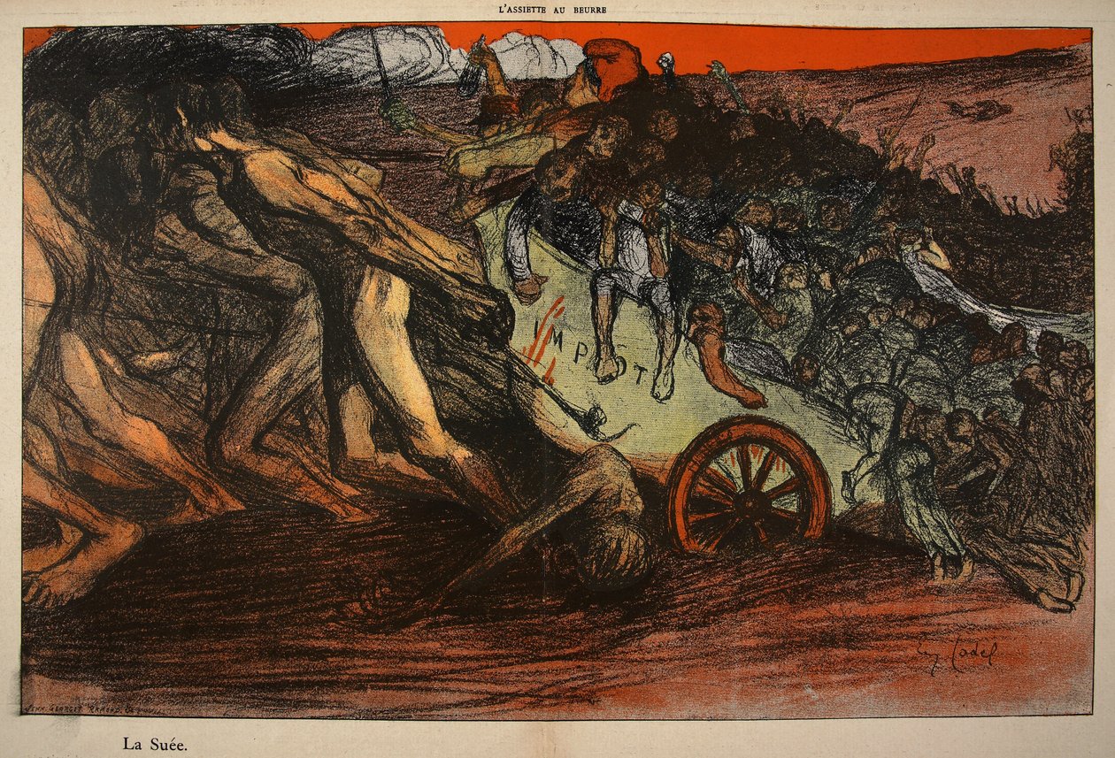 "عبء الضرائب" ، توضيح من "لوحة الزبدة: المسؤولون" ، 9 أغسطس 1902 بواسطة يوجين كادل