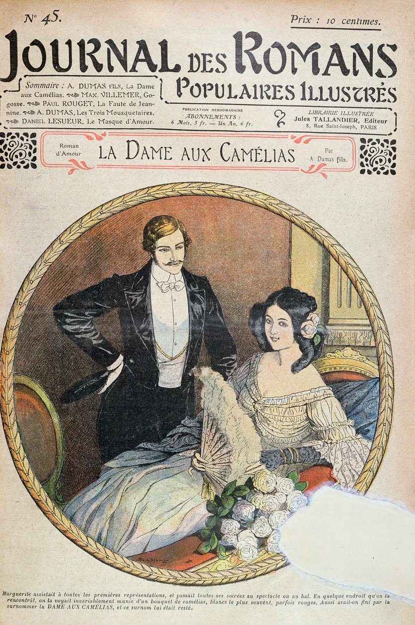 Marguerite مع باقة من الكاميليا البيضاء في الصندوق في المسرح ، رسم توضيحي لـ "La Dame aux Camelias" للمخرج A. Dumas في "Journal des Romans" ، 1905 بواسطة يوجين دامبلانز
