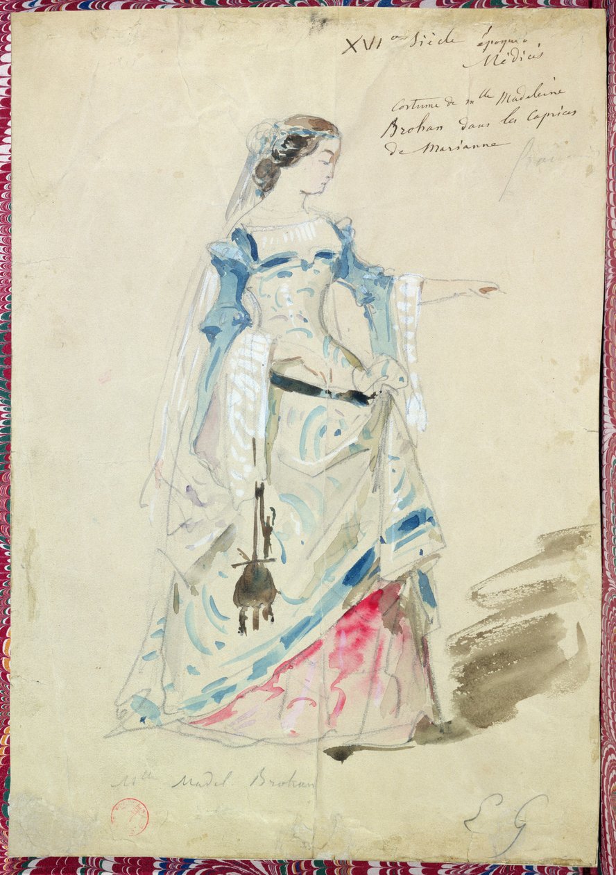 تصميم الأزياء لـ Mlle Madeleine Brohant (1833-1900) لدور Marianne في &39;Les Caprices de Marianne&39; بواسطة Alfred de Musset (1810-57) 1851 بواسطة بيير فرانسوا يوجين جيرود