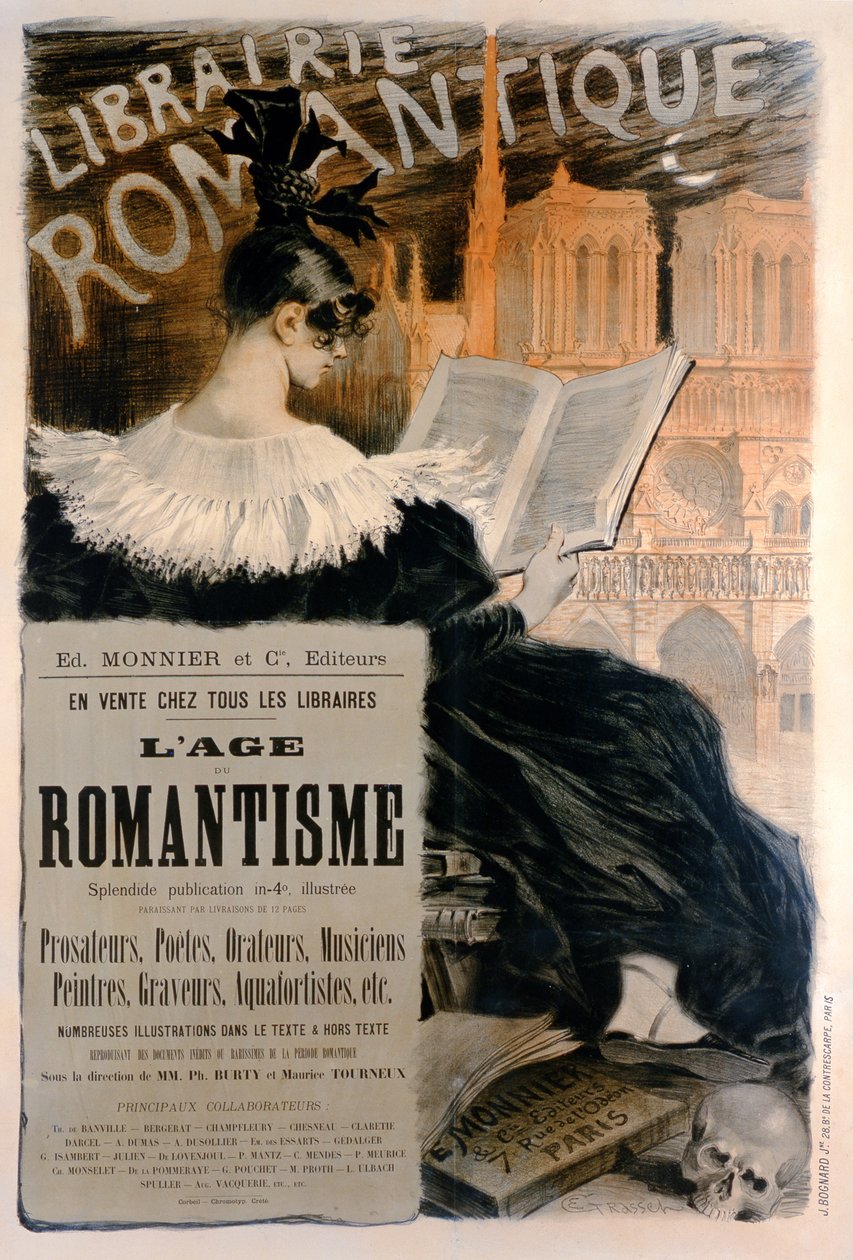 ملصق "Librairie Romantique" يعلن عن سلسلة من الكتب عن تاريخ الرومانسية ، 1887 بواسطة يوجين جراست