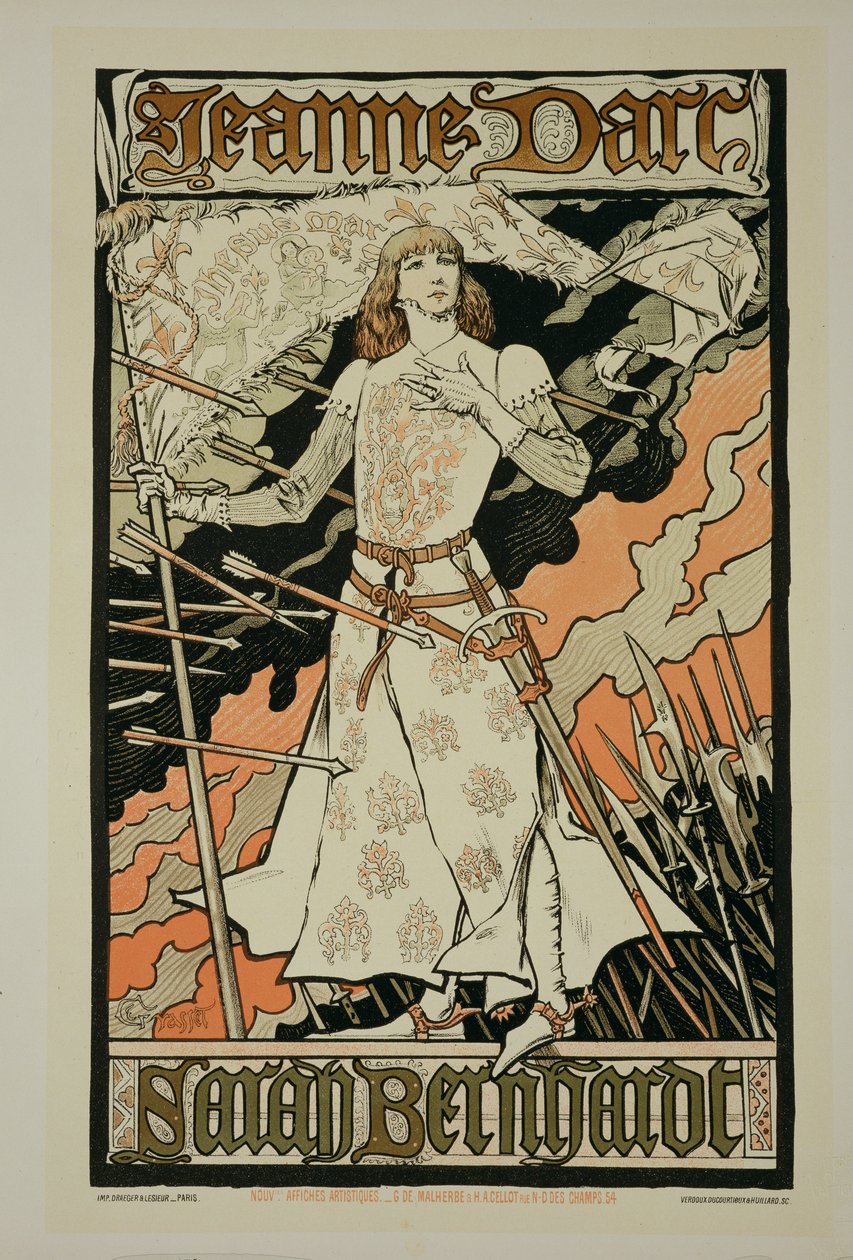 استنساخ ملصق إعلاني بعنوان "جان دارك" ، بطولة سارة برنهاردت (1844-1923) في مسرح النهضة (انظر 127035) بواسطة يوجين جراست