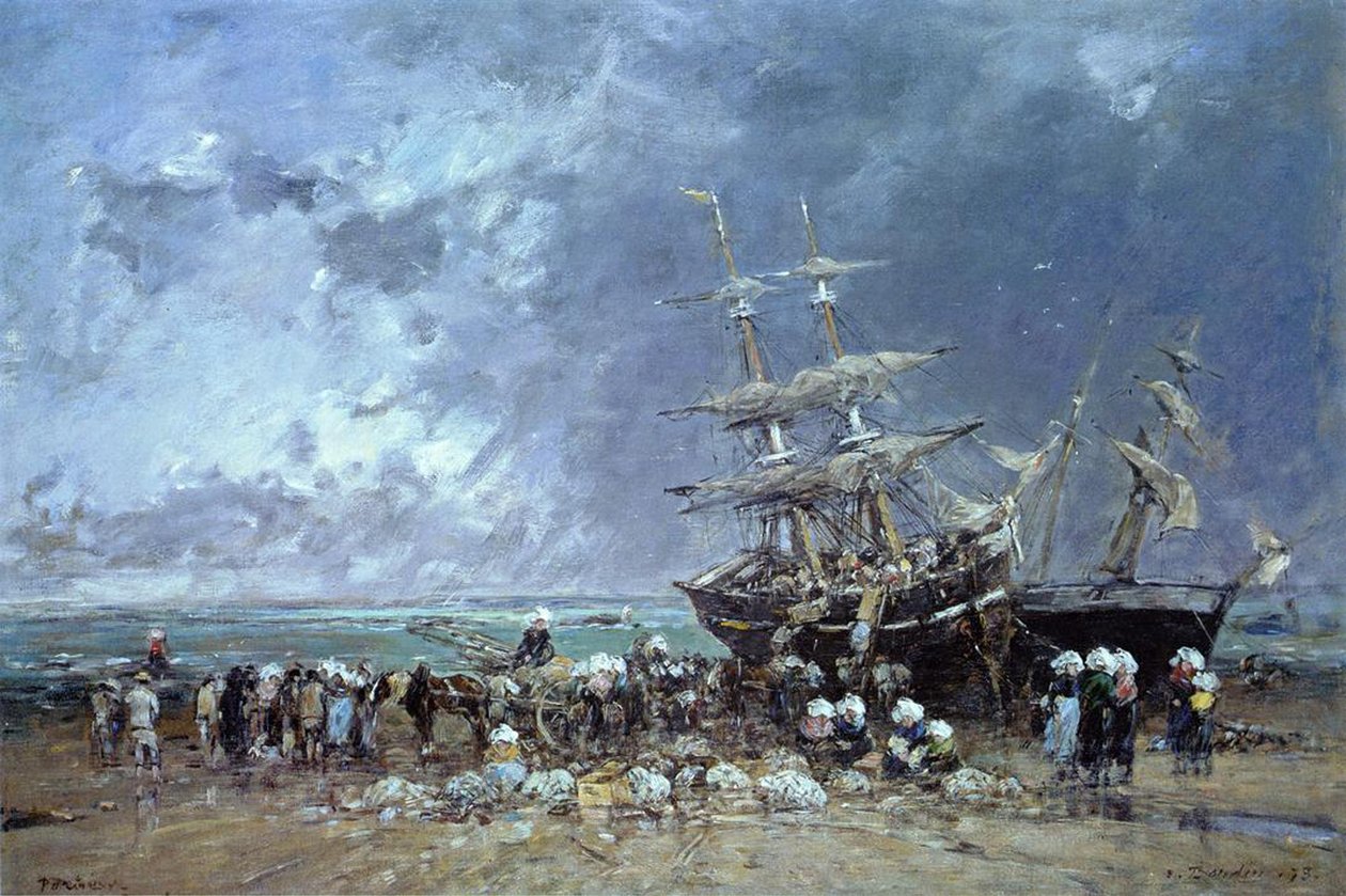 تفريغ قارب صيد نيوفاوندلاند ، 1873 بواسطة يوجين لويس بودين