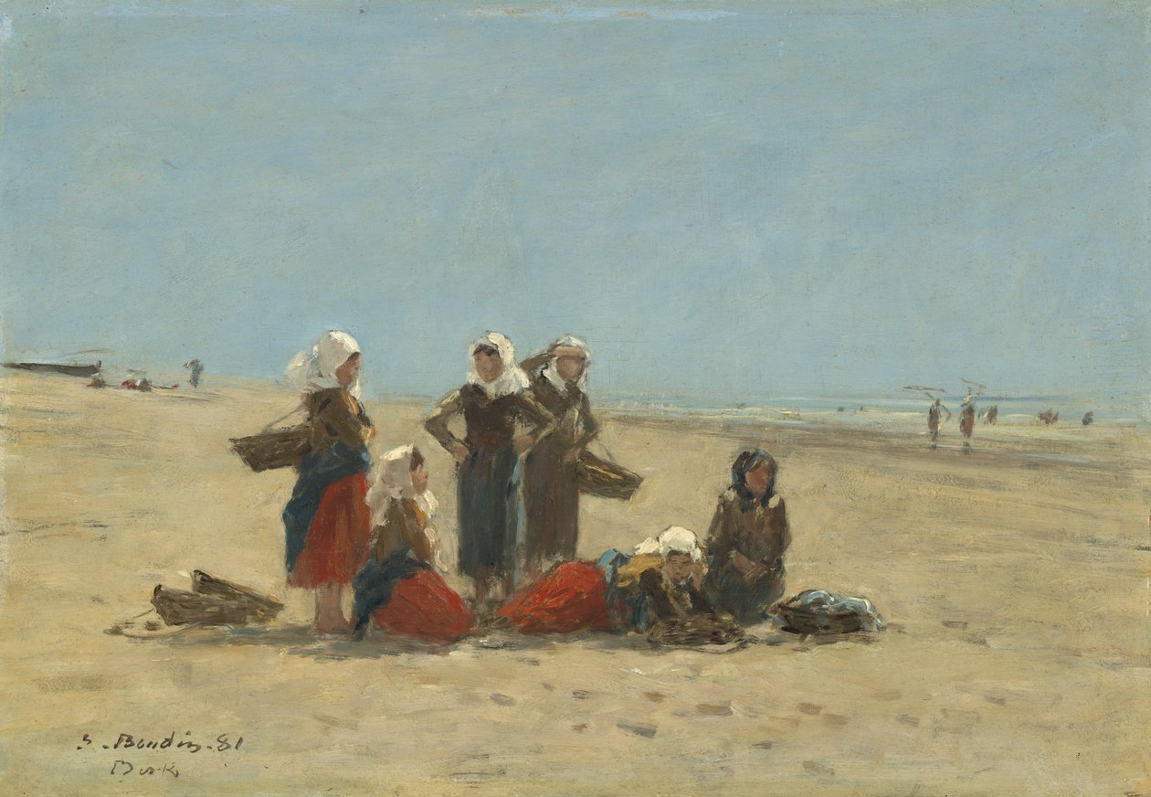 نساء على الشاطئ في بيرك ، 1881 (زيت على خشب) بواسطة يوجين لويس بودين