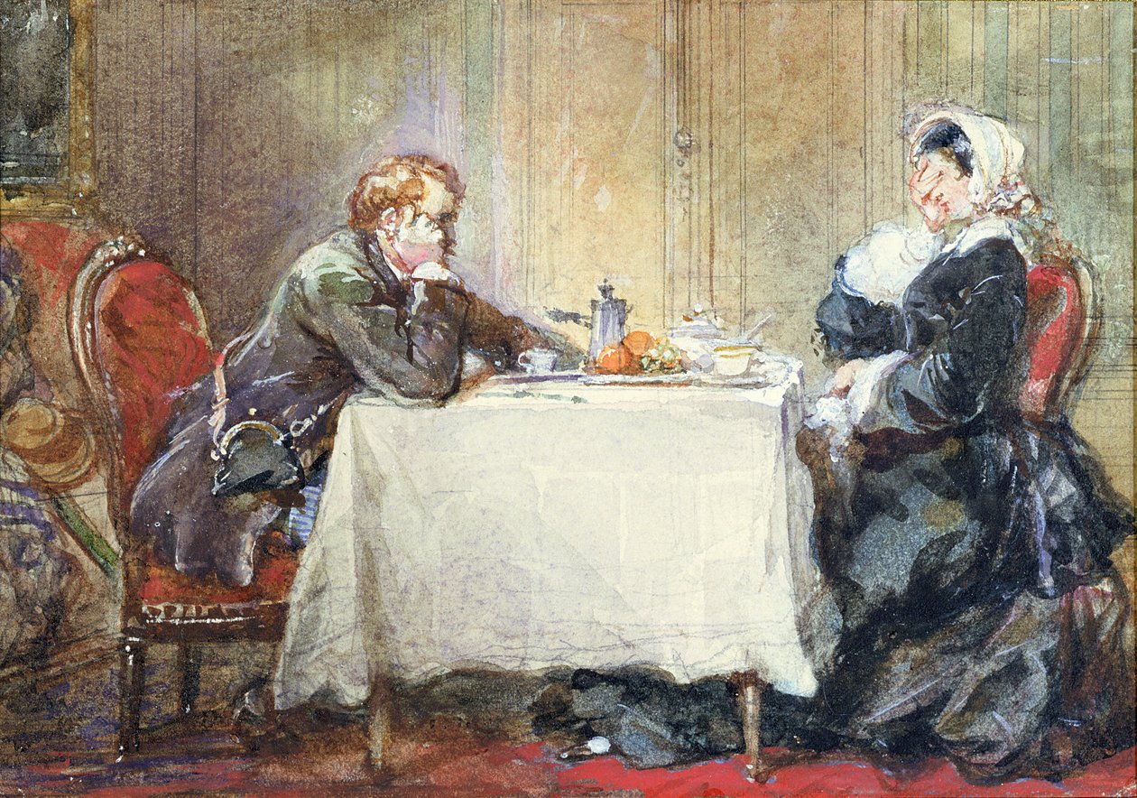 ألفريد دي موسيت (1810-57) وجورج ساند (1804-76) على المائدة ، رسم توضيحي من "Confession d&39;un Enfant du Siecle" للمؤلف بواسطة يوجين لويس لامي