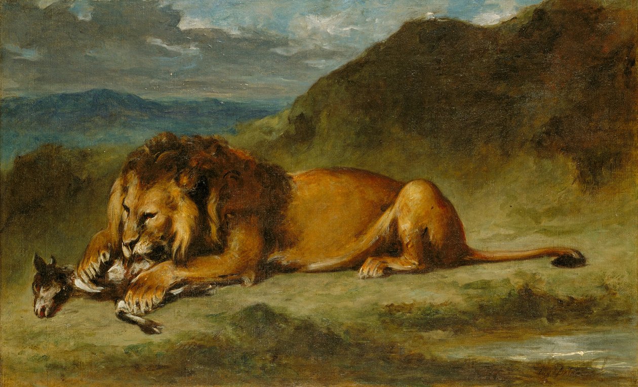 أسد يلتهم ماعز ، حوالي 1850 (زيت على قماش) بواسطة يوجين ديلاكروا