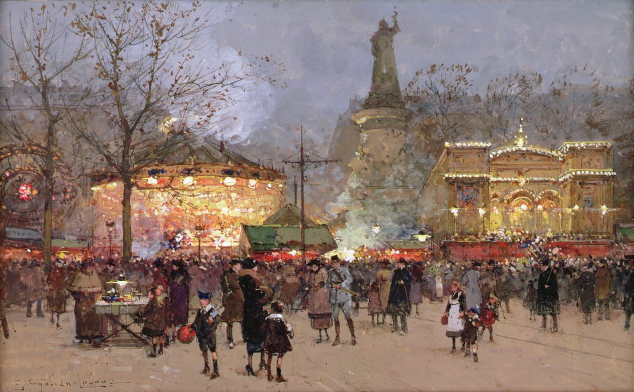 Fete ، في Place de La Republique ، باريس (الطباشير الأسود والغواش على الورق) بواسطة يوجين جاليان لالو
