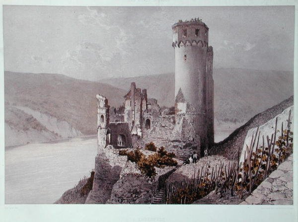 Schloss Ehrenfels في وادي الراين ، حوالي 1863 (لون ليثو) بواسطة يوجين (بعد) Ciceri