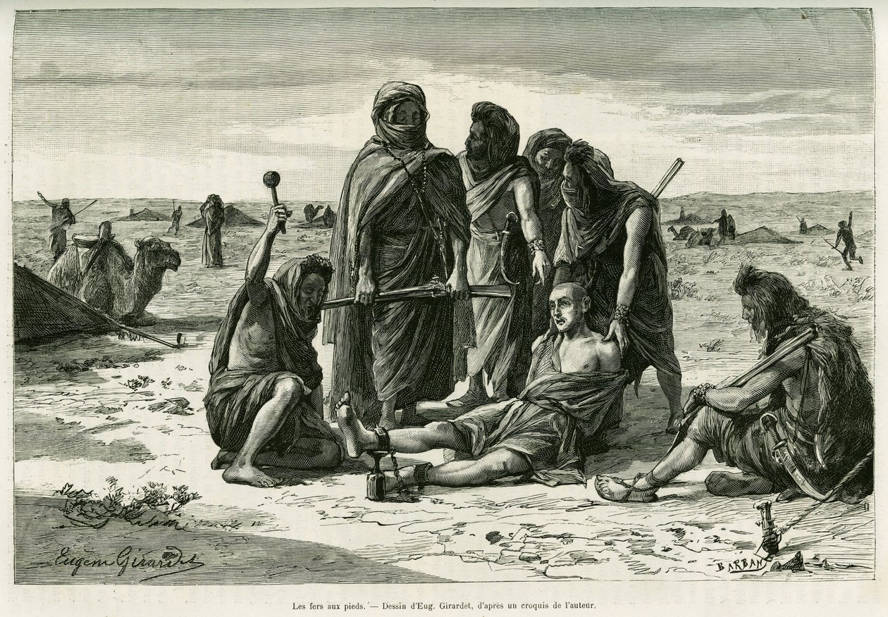 سوف تستمر على القدمين. نقش يوجين جيرارديت ، لتوضيح قصة Cinq mois chez les moures nomades du Sahara occidental ، في عام 1887 ، بواسطة كاميل دولز ، في le tour du monde 1888 ، تحت إشراف Edouard Charton (1807-1890) ، Hachette ، باريس. بواسطة يوجين الكسيس جيرارديت