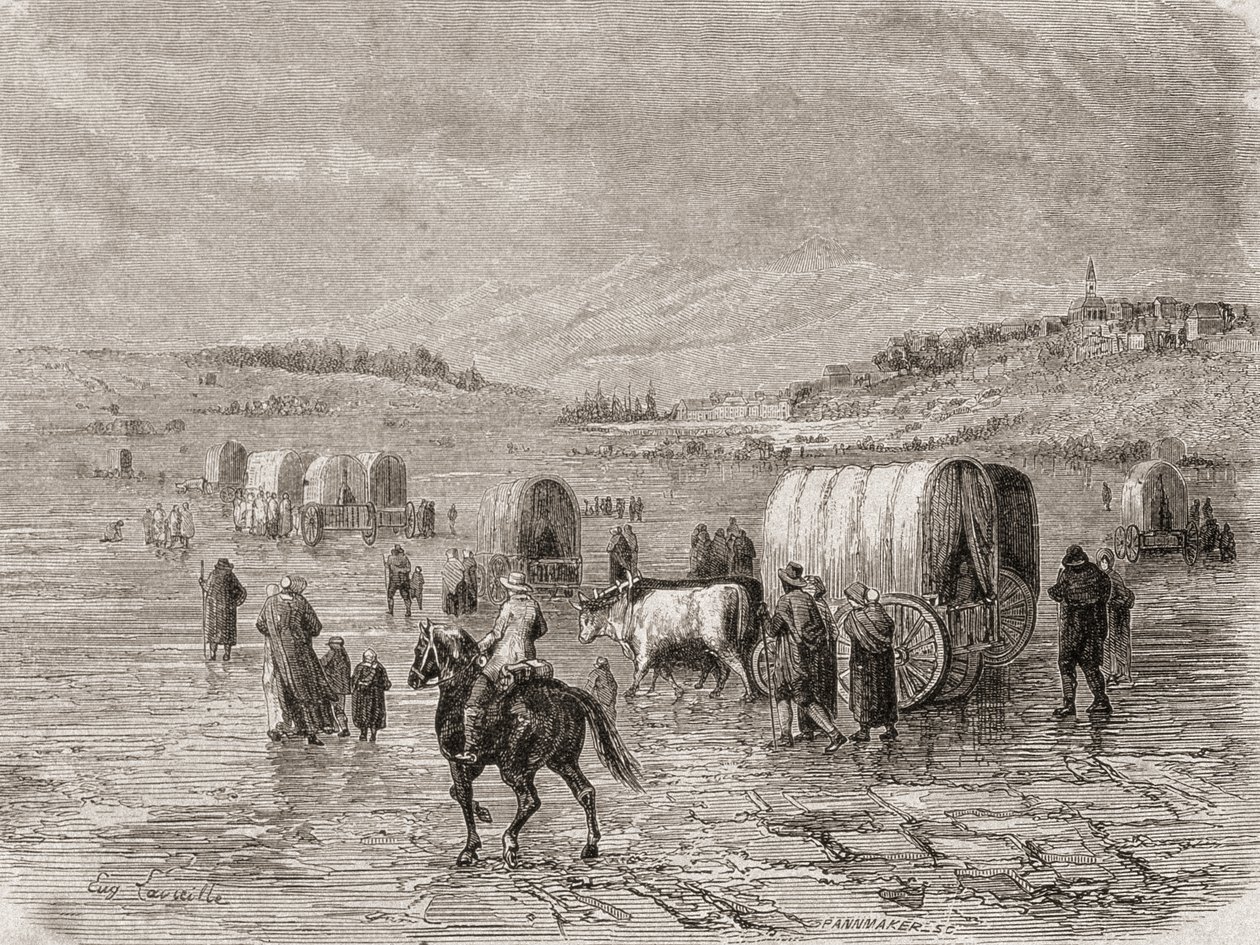 قطار عربة يتجه غربًا في ستينيات القرن التاسع عشر ، نقشه ستيفان بانيميكر (1847-1930) بواسطة يوجين أنطوان صموئيل لافيل