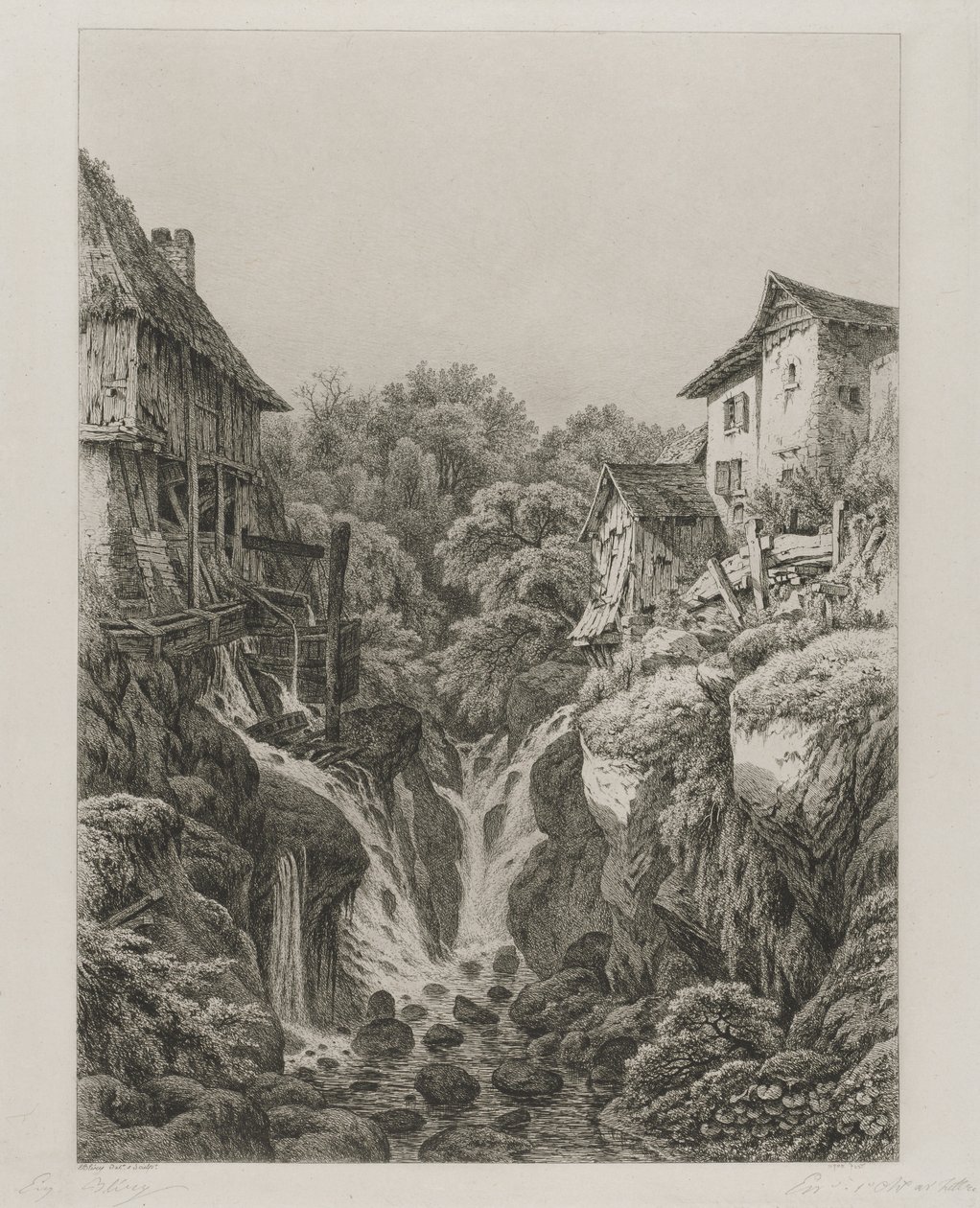 طاحونة وشلال Grésy بالقرب من Aix-les-Bains ، 1856. بواسطة يوجين بليري