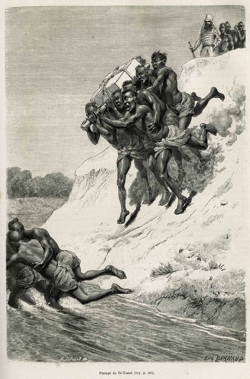 مرور Riviere Se Touon (Se Touon) ، في الخلفية ، صورة للراوي المسافر ، محفورة بعد رسم بواسطة Eugene Burnand ، لتوضيح قصة لاوس والمجموعات البرية في الهند الصينية ، بواسطة دكتور هارماند ، في عام 1877 ، علني بواسطة يوجين بورنان