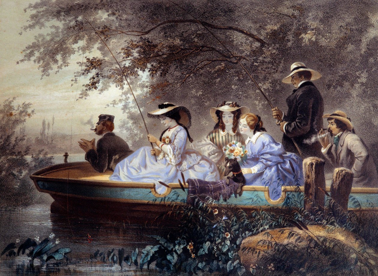 يوم أحد مع العائلة ، يصطادون السمك في النهر الليثوغرافي بواسطة يوجين جيرارد (1821-1866) في القرن التاسع عشر في باريس ، متحف كارنافالي بواسطة يوجين تشارلز فرانسوا جيرارد