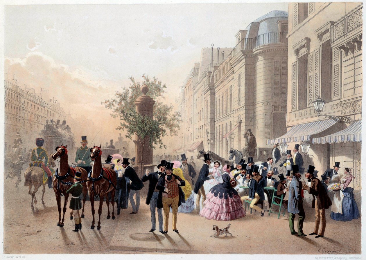 Boulevard des Italians ، مقهى تورتوني في باريس في القرن التاسع عشر نقش يوجين جيرارد بواسطة يوجين تشارلز فرانسوا جيرارد