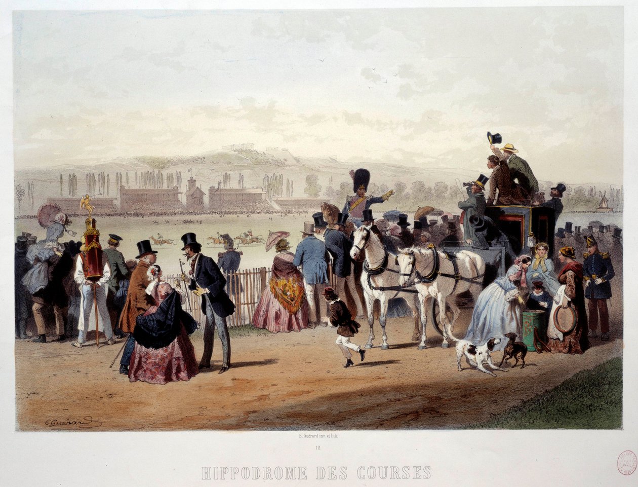 منظر لمضمار السباق في Bois de Boulogne مطبوعات حجرية بواسطة Eugene Guerard (1821-1866) في القرن التاسع عشر. باريس ، متحف كارنافاليت بواسطة يوجين تشارلز فرانسوا جيرارد