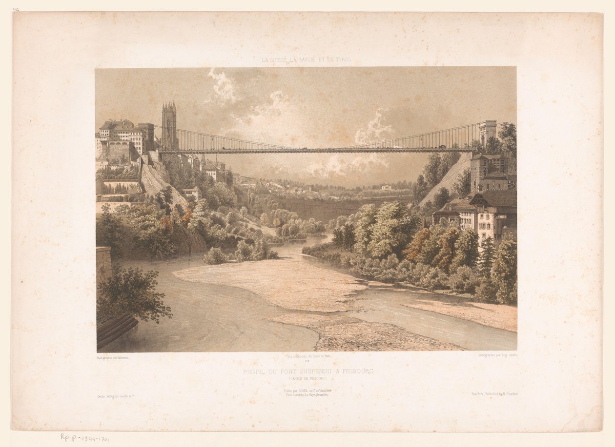 Gezicht op de hangbrug over de Sarine، te Friborg سويسرا سافوي وتيرول / لمحة عن الجسر المعلق في فريبورغ (كانتون فريبورغ) (العنوان على الجسم) بواسطة يوجين سيشيري