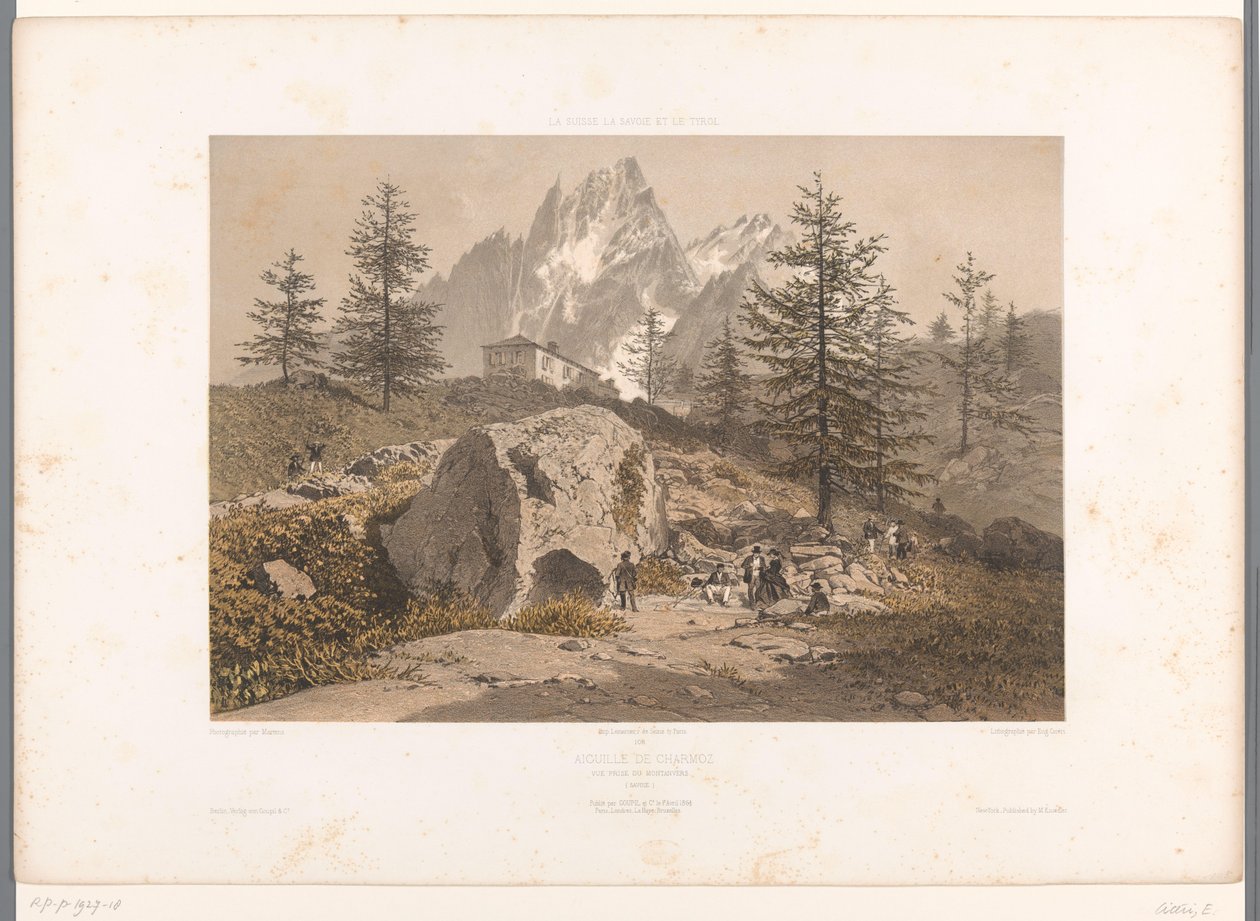 المناظر الطبيعية مع المشاة وإطلالة على Aiguille des Grands Charmoz ايجيل دي شارموز (العنوان على الجسم) مشاهد في سويسرا وسافوي وتيرول (عنوان المسلسل) La Suisse و la Savoie et le Tyrol (عنوان المسلسل على الكائن) بواسطة يوجين سيشيري