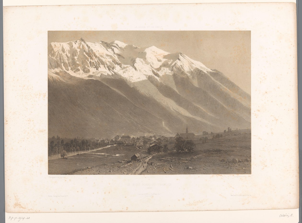 منظر لشامونيكس عند سفح جبل مونت بلانك Le Mont Blanc et Chamonix (العنوان على الكائن) La Suisse et la Savoie (عنوان السلسلة) مناظر لسويسرا وسافوي (عنوان السلسلة على الكائن) بواسطة يوجين سيشيري