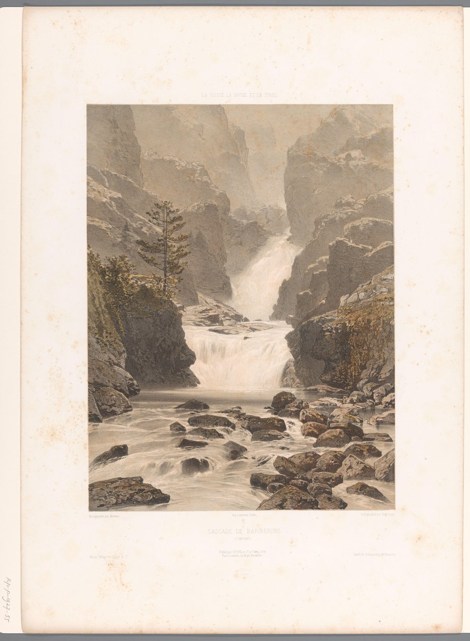 منظر لشلال Barberine بالقرب من Vallorcine Cascade de Barberine (العنوان على الكائن) مشاهد في سويسرا وسافوي وتيرول (عنوان المسلسل) La Suisse و la Savoie et le Tyrol (عنوان السلسلة على الكائن) بواسطة يوجين سيشيري