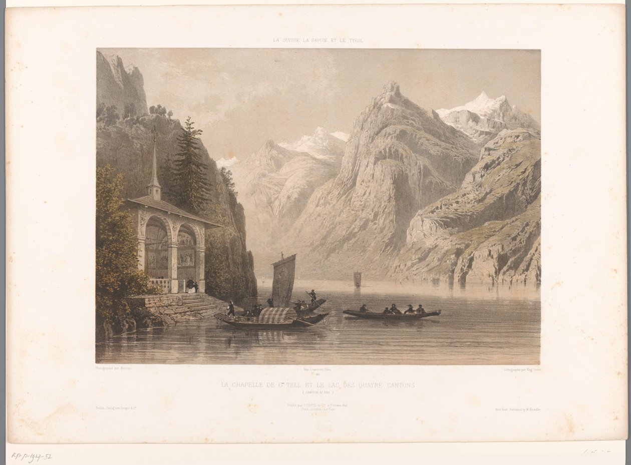منظر لمصلى تيلز على بحيرة لوسيرن La Chapelle de G.me Tell et le lac des Quatre-Cantons (العنوان على الكائن) مشاهد في سويسرا وسافوي وتيرول (عنوان المسلسل) La Suisse و la Savoie et le Tyrol (عنوان السلسلة على الكائن) بواسطة يوجين سيشيري