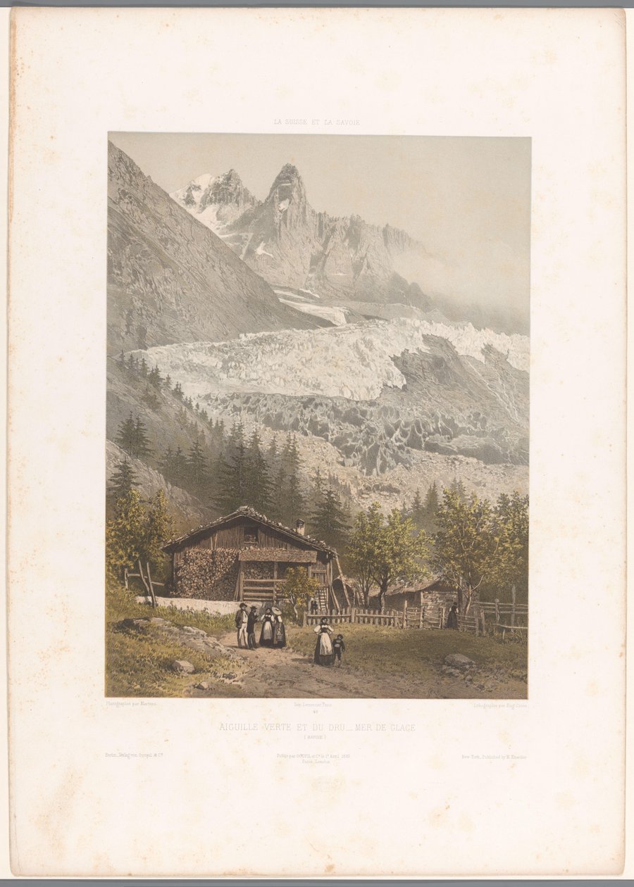 منظر لقمتي Aiguille Verte و Dru ونهر Mer-de-Glace الجليدي Aiguille verte et du Dru - Mer de Glace (العنوان على الكائن) وجوه في سويسرا وسافوي (عنوان المسلسل) La Suisse et la Savoie (عنوان المسلسل على الكائن) بواسطة يوجين سيشيري
