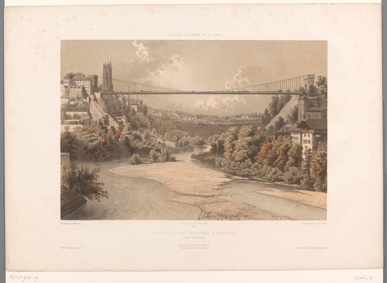 منظر للجسر المعلق الكبير في فريبورغ Profil du pont suspendu à Fribourc (العنوان على الكائن) مشاهد في سويسرا وسافوي وتيرول (عنوان المسلسل) La Suisse و la Savoie et le Tyrol (عنوان المسلسل على الكائن) بواسطة يوجين سيشيري