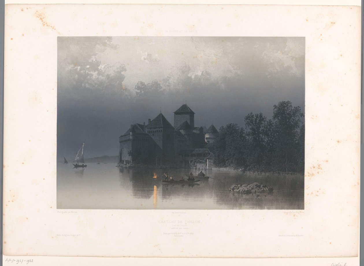 منظر لقلعة شيلون على بحيرة جنيف Château de Chillon (العنوان على الكائن) وجوه في سويسرا وسافوي (عنوان المسلسل) La Suisse et la Savoie (عنوان المسلسل على الكائن) بواسطة يوجين سيشيري