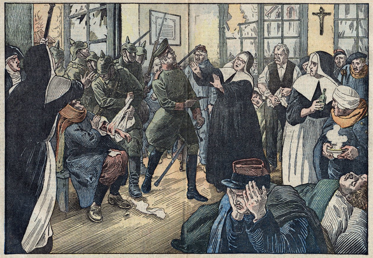 عام 1914 ، الحرب العالمية الأولى: تدافع أميلي ريجارد ، المعروفة باسم الأخت جولي ، عن جرحى مستشفاها ضد الجنود الألمان. جيربفيلر ومورث وموزيل (54). رسم توضيحي لـ Damblans. في "" Le Pelerin "بتاريخ 17 مايو بواسطة يوجين دامبلانز