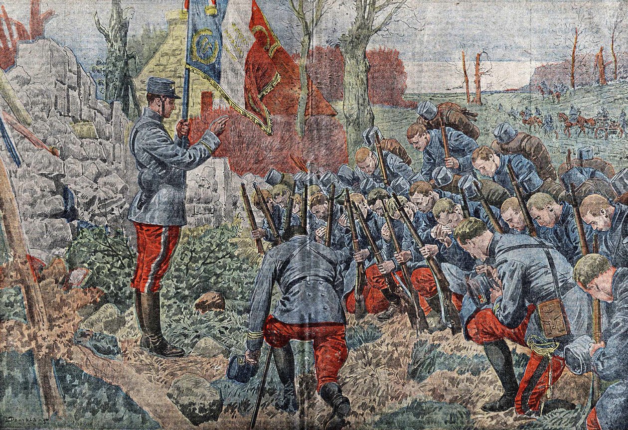 الكاهن الذي يرفع العلم يعطي الغفران لضباط وجنود كتيبته وهم يشرعون في الهجوم. في "Le pelerin" عام 1915. بواسطة يوجين دامبلانز