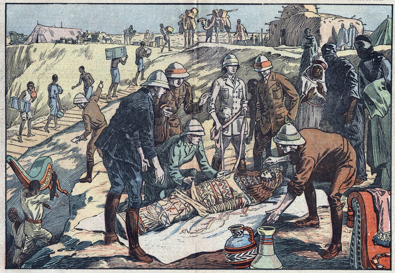 اكتشفت بعثة إنجليزية ، بتكليف من عالم الآثار إيرل بايرون دي بروروك (1896-1954) ، قبر تين هان في الهقار. رسم توضيحي لـ Damblans. في "" Le Pelerin "بتاريخ 20 ديسمبر 1925. بواسطة يوجين دامبلانز