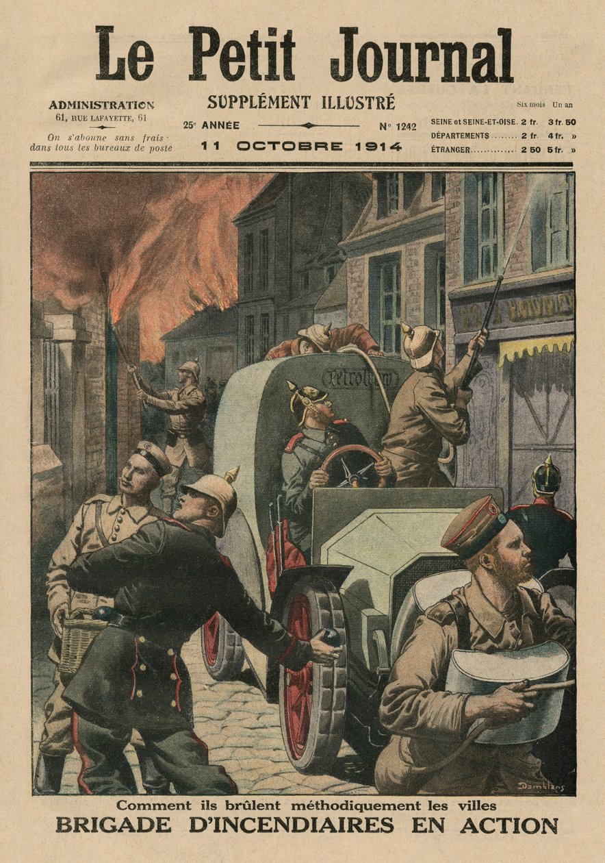 لواء الحرقان في العمل ، كيف أضرموا النار بشكل منهجي في المدن ، صورة الغلاف الأمامي من `` Le Petit Journal &39;&39; ، ملحق illustre ، 11 أكتوبر 1914 بواسطة يوجين دامبلانز