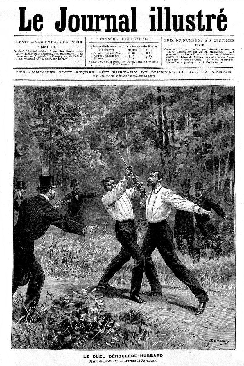 نقش Damblans على "واحد" من المجلة Illustrous N¡ 31 بتاريخ 31 يوليو 1898: مبارزة بالسيف بين Paul Deroulede (1846-1914) و Gustave Hubbard (1858-1927) - تدخل الشهود - بواسطة يوجين دامبلانز