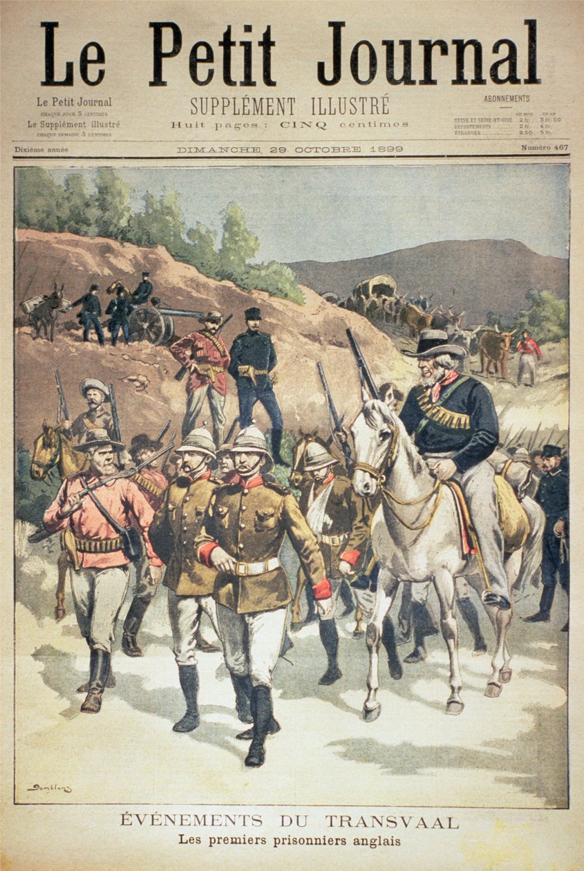 الأحداث في ترانسفال: أول السجناء الإنجليز ، الغلاف الأمامي لـ Le Petit Journal ، 29 أكتوبر 1899 بواسطة يوجين دامبلانز