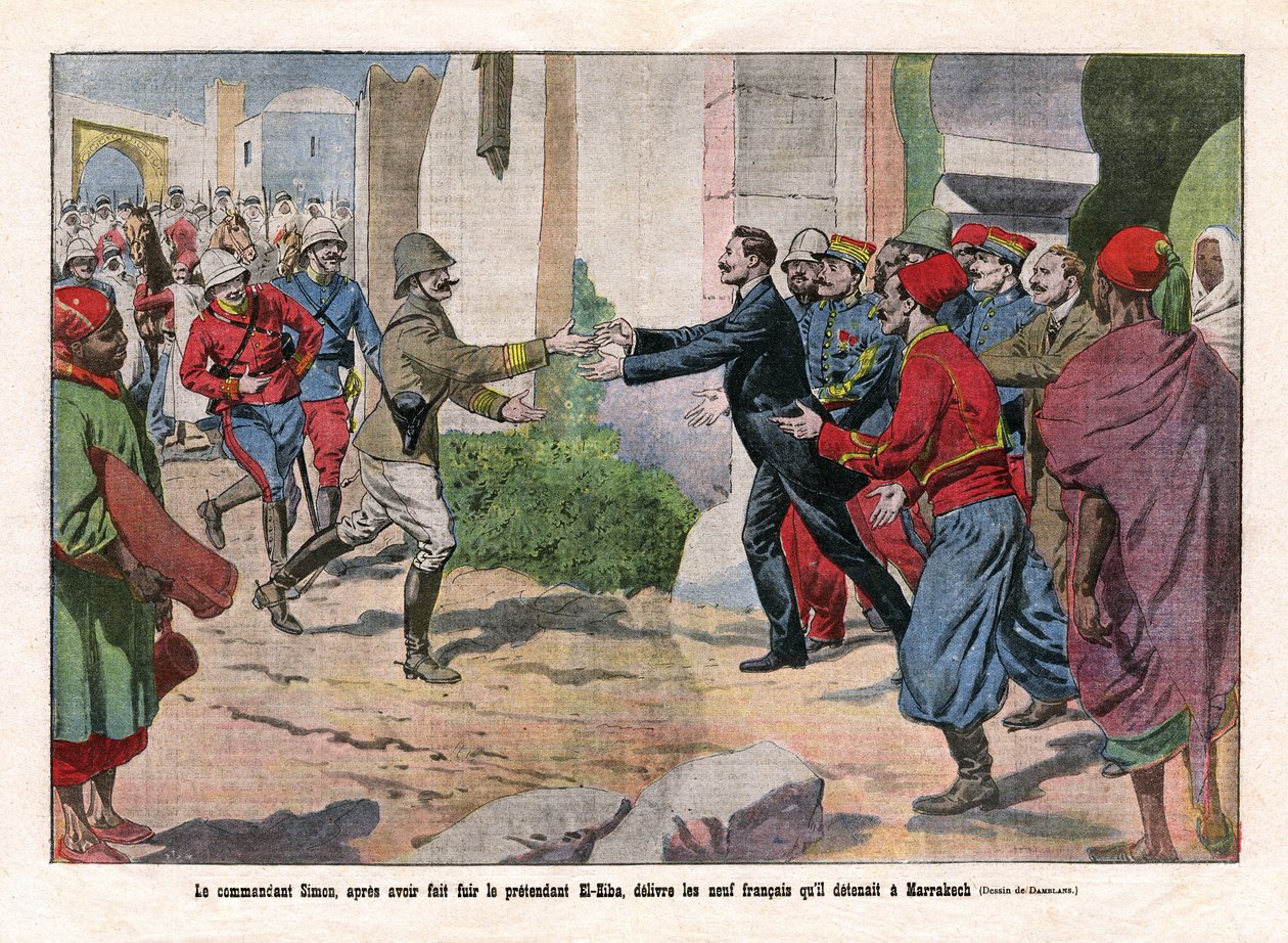 أحداث المغرب ، التي استولت عليها قوات هوبرت (لويس هوبير غونزالفي) ليوتي (1854-1934) وتشارلز مانجين (1866-1925) من مراكش. أفرج القائد سيمون ، بعد أن هرب من المدعي الهبة (الهبة) (أحمد الهبة) ، عن التسعة. بواسطة يوجين دامبلانز