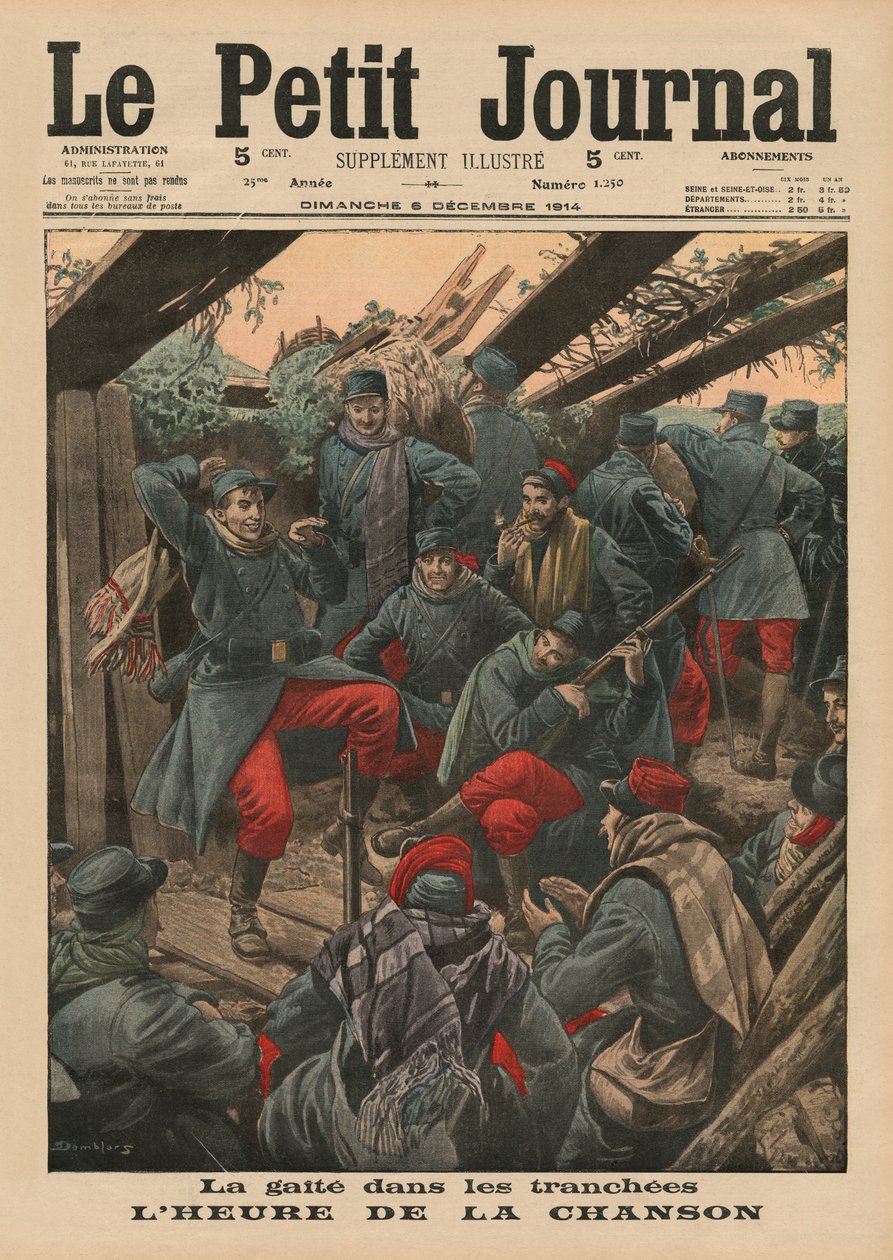 حفلة سعيدة في الخنادق ، وقت الأغنية ، صورة الغلاف الأمامي من `` Le Petit Journal &39;&39; ، ملحق illustre ، 6 ديسمبر 1914 بواسطة يوجين دامبلانز