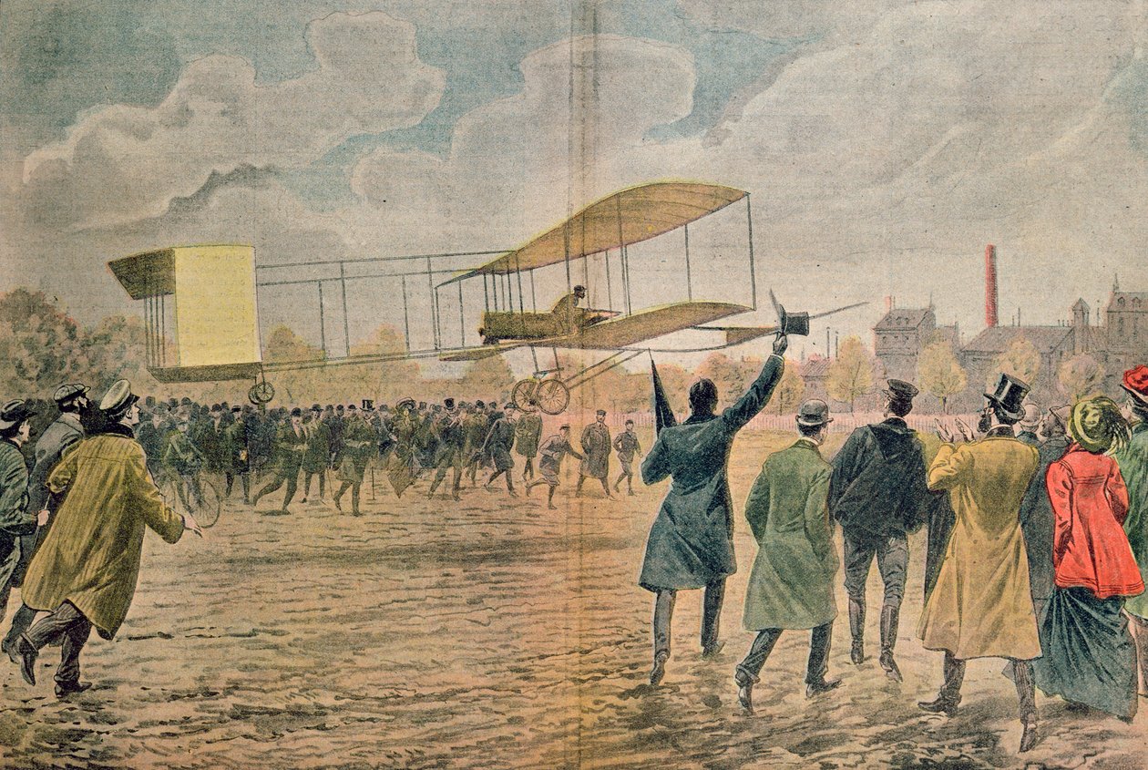 هنري فارمان (1874-1958) في إيسي ليه مولينو في طائرته Voisin-Farman 1 ، رسم توضيحي من لو بيليرين نوفمبر 1907 بواسطة يوجين دامبلانز
