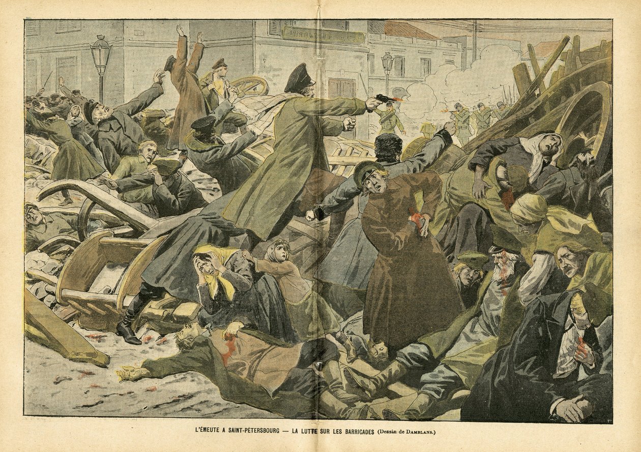 رسم إيوجين دامبلانس (1865-1945) في لو بيليرين ، 05/02/05 - L'emeute à Saint-Petersburg. النضال على المتاريس - روسيا ، جثث ميتة ، حواجز ، ثورات تجري ، سانت بطرسبرغ ، ثورة 1905 - عامل عامل بواسطة يوجين دامبلانز