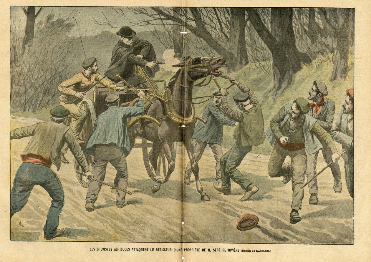 رسم توضيحي لـ Eugene Damblans (1865-1945) في Le Pelerin ، 31/01/04 - يهاجم المزارعون المزارعون المسجل لممتلكات M. Sere de Riviere - اجتماعية ، حقائق مختلفة ، Greve ، النقل ، الزراعة ، الغابات ، Caleche Fiacre Cab - عامل خيول خيول ، بواسطة يوجين دامبلانز