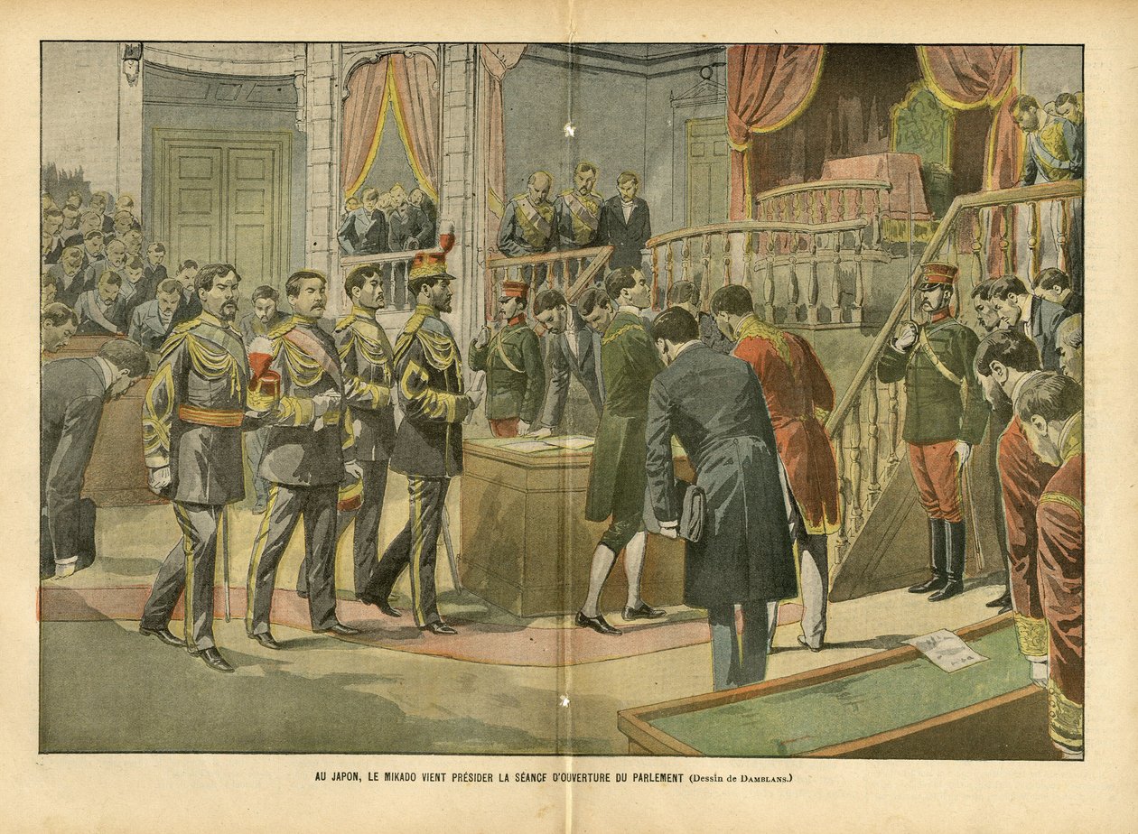 رسم توضيحي لـ Eugene Damblans (1865-1945) في Le Pelerin ، 03/04/04 - في اليابان ، يترأس Mikado الجلسة الافتتاحية للبرلمان - اليابان ، House of Deputes Hem Cyclic ، Mikado ، Internal Architecture - Mikado بواسطة يوجين دامبلانز