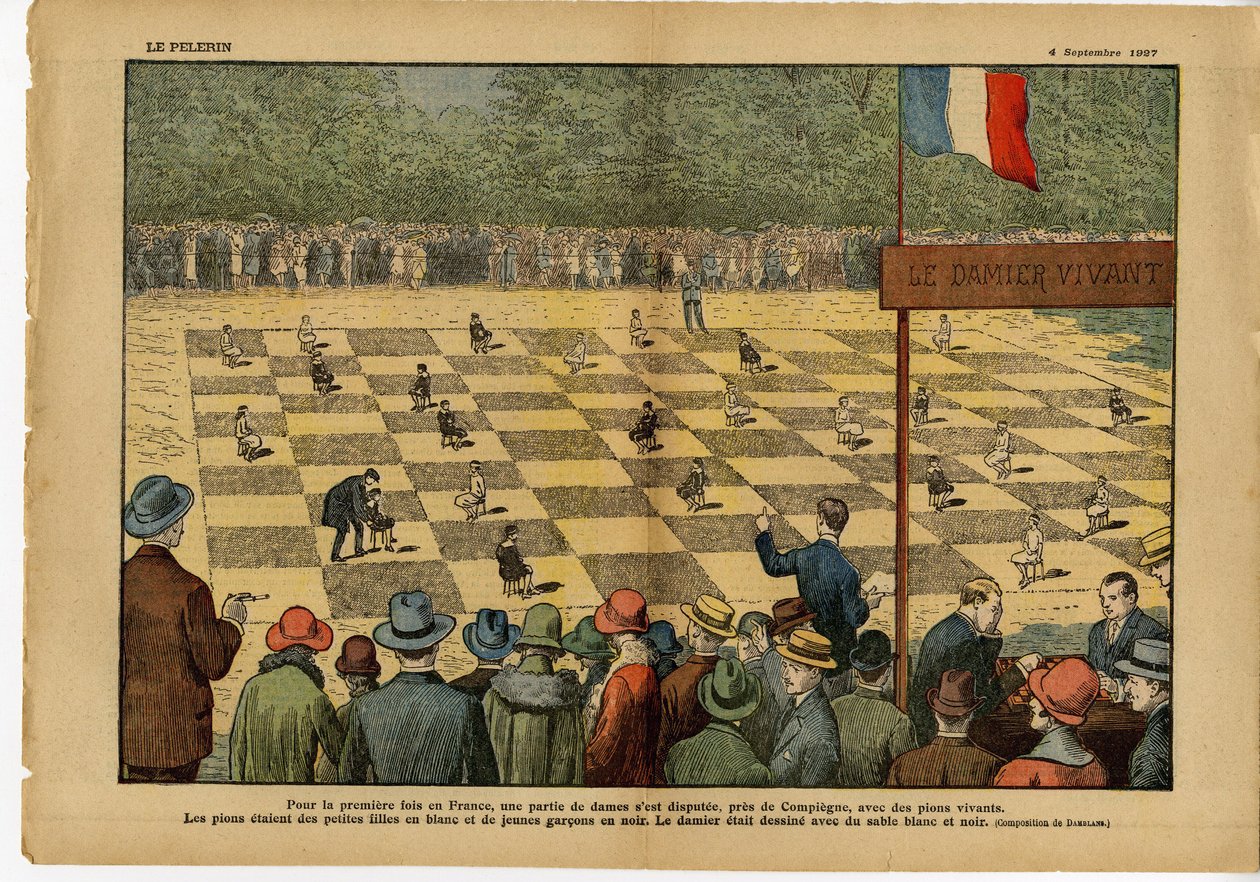 رسم توضيحي لـ Eugene Damblans (1865-1945) في Le Pelerin ، 04/09/27 - لأول مرة في فرنسا ، لعبة للسيدات ... رقعة الداما الحية - لعبة ، هوايات ، جماهير ، لعبة الداما بواسطة يوجين دامبلانز
