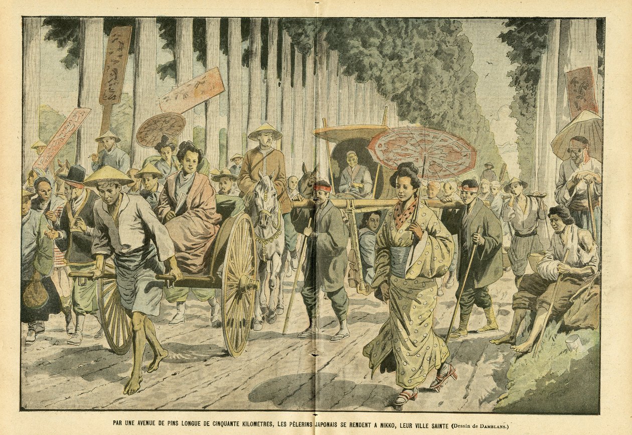 رسم توضيحي لـ Eugene Damblans (1865-1945) في Le Pelerin ، 09/04/05 - عبر طريق بطول خمسين كيلومترًا من الصنوبر ، يذهب pelerins اليابانيون إلى Nikko ، مدينتهم المقدسة - إيمان الدين ، اليابان ، الموضة ، شجرة ، نيكو - بيليرينجس بواسطة يوجين دامبلانز