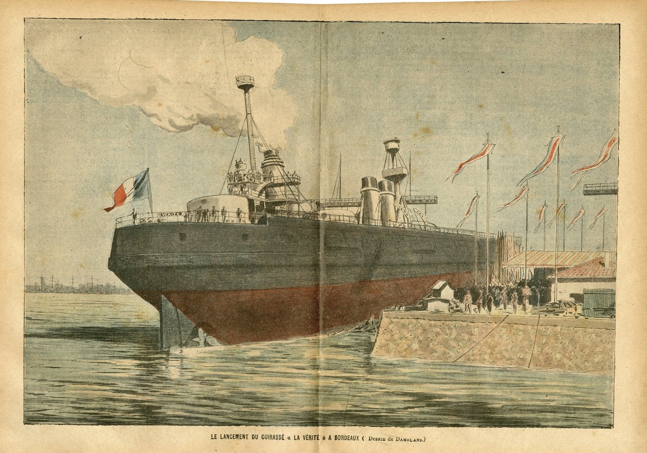 رسم توضيحي لـ Eugene Damblans (1865-1945) في Le Pelerin ، 09/06/07 - إطلاق صفيحة الصدر "La Verite" في بوردو - Maritime Marine Nautique Balneaire ، بورت ، بوردو ، الافتتاح ، Cuirasse بواسطة يوجين دامبلانز