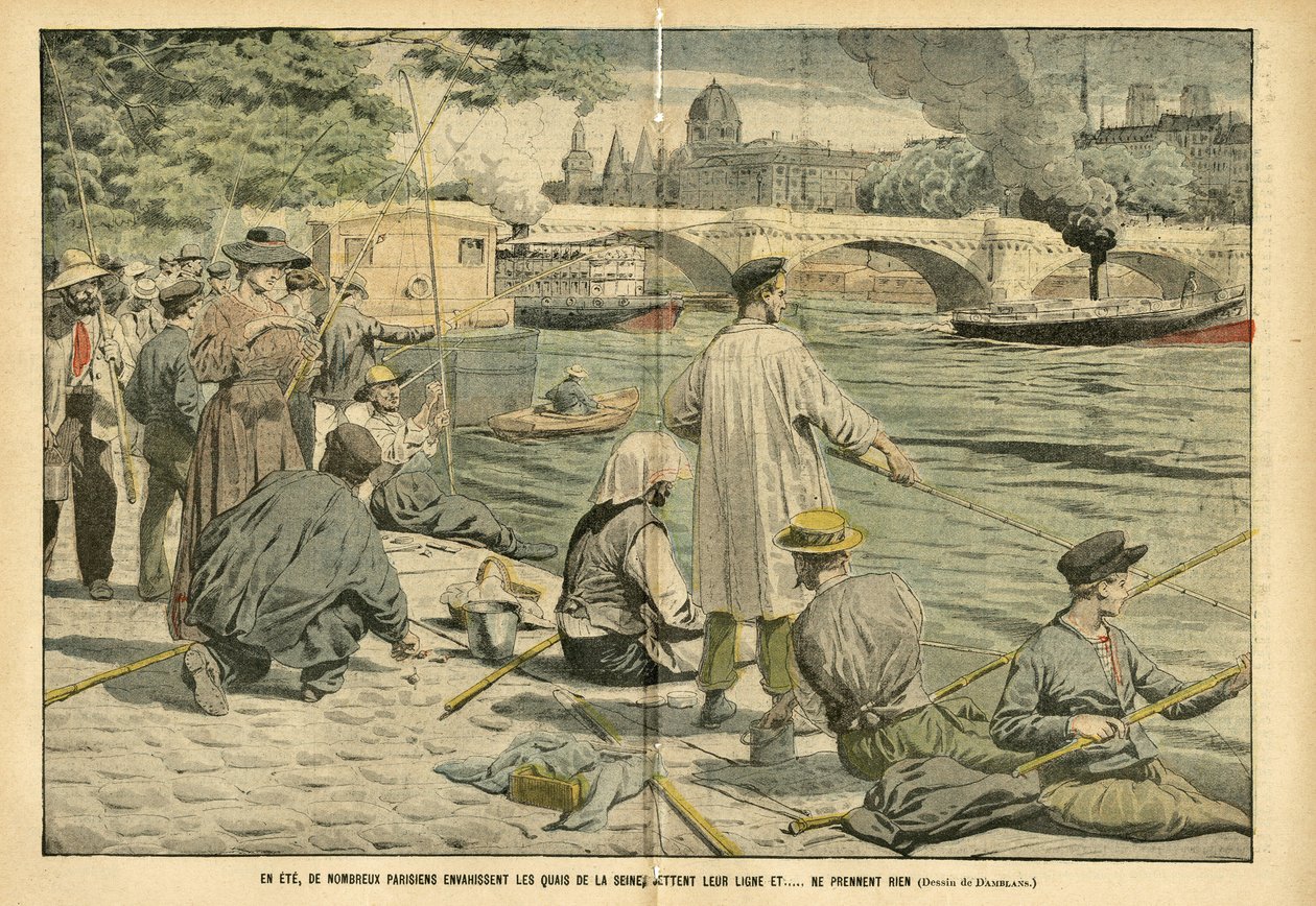 رسم توضيحي لـ Eugene Damblans (1865-1945) في Le Pelerin ، 23/06/05 - في الصيف ، يغزو العديد من الباريسيين ضفاف نهر السين ويرمون خطهم و ... لا يأخذون شيئًا - Loisirs ، Paris ، Fishing Pecheur ، Pont ، السين (النهر) ، Ete ، Peniche ، Canne سمكة بواسطة يوجين دامبلانز