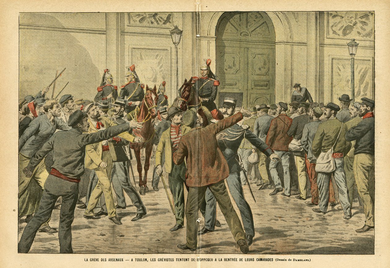 رسم توضيحي لـ Eugene Damblans (1865-1945) في Le Pelerin ، 26/11/05 - إضراب الترسانات في Toulon ، يحاول grevists معارضة إيجار رفاقهم - Social ، Greve ، Architecture Urbanism ، Maritime Marine Nautical Balneaire ، طولون ، ارسنال بواسطة يوجين دامبلانز